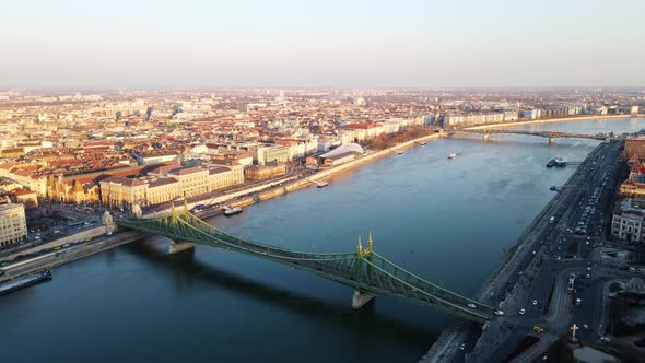 4K drone shot of Liberty bridge in Budapest Hungary with Danube river view