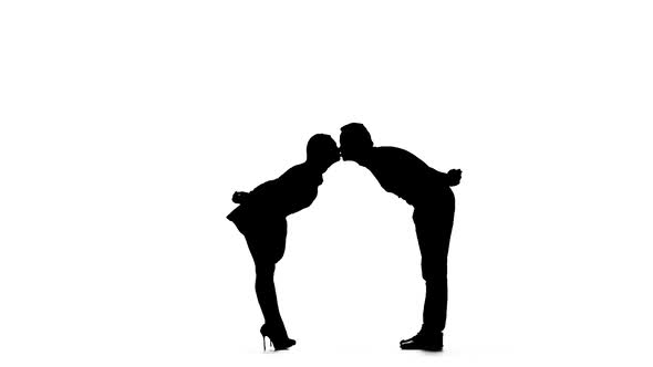 Pair of Lovers Kissing. White Background. Silhouette. Slow Motion