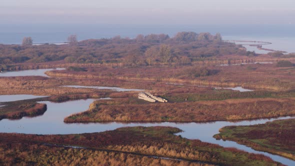 Vast coastal marsh that's popular bird sanctuary, Korendijkse Slikken; aerial