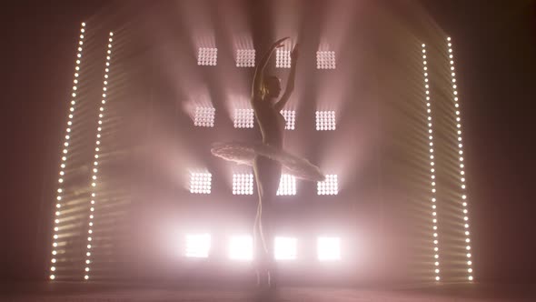 Diligent Young Graceful Ballerina Dancing Elements of Classical Ballet in the Dark with Light and