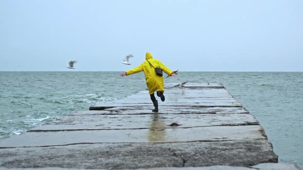 Young Man Chasing Seagulls on Pier Cloudy Slomo