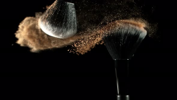 Super Slow Motion Closeup Shot of Makeup Powder Falling From Facial Brush at 1000Fps