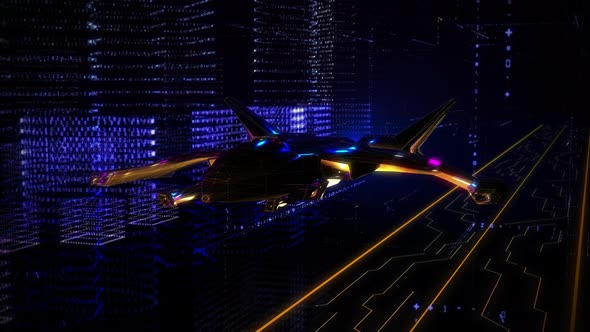 A Plane is Flying above the Golden Circuit Board inside of the Virtual Town alt