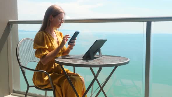 Young Happy Cheerful Beautiful Business Woman Sit Outdoor Using Smartphone