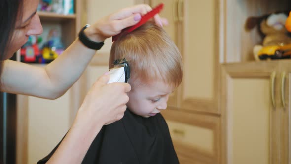 Mom Is Cutting Her Little Son Hair at Home.