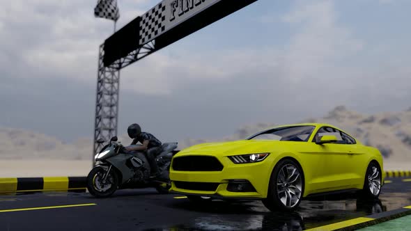 Motor and Sports Car Entering the Race Finish Line alt