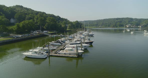 Aerial Pan of  Boats Docked at a Marina in Cold Spring Harbor Long Island