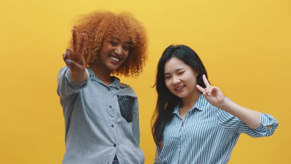 Peace Gesture. Two Funny Young Female Friends Showing Peace Sign. Multyracial Friendship Concept