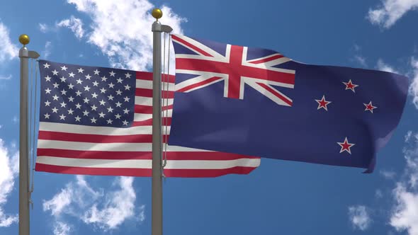 Usa Flag Vs New Zealand Flag On Flagpole