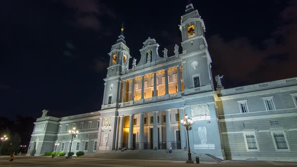 Santa Maria La Real De La Almudena in Night Timelapse Hyperlapse  Cathedral in Madrid Spain