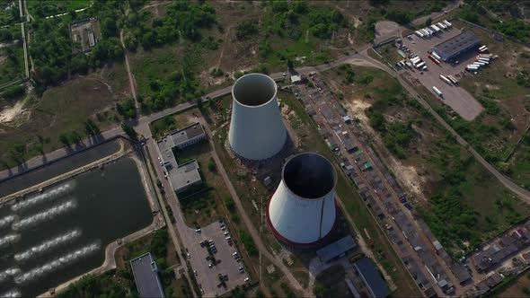 Aerial View Pipe Thermal Power Plant. Industrial Chimneys on Hydro Power Station