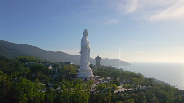 Aerial Shot of the Socalled Lady Buddha in the City of Danang