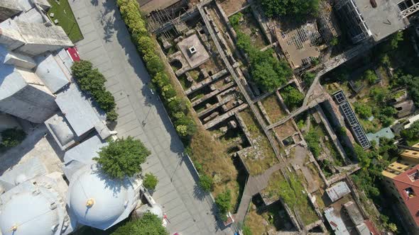 Top down view of courtyard between Hagia Sophia and ruins