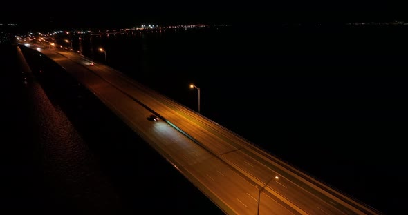 Night Aerial Video Rickenbacker Causeway Miami 4k