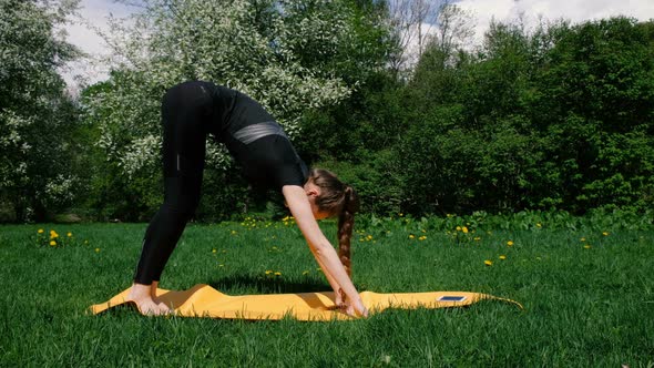 Girl Doing Warmup Dog Muzzle Down Asana on Yoga Mat in Park in Nature in Summer Slow Motion