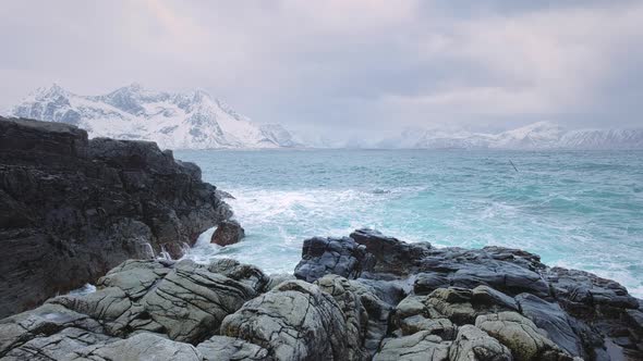 Norwegian Sea Waves on Rocky Coast of Lofoten Islands Norway