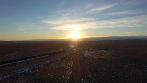 Desert and Freight Train at Sunset in Winter