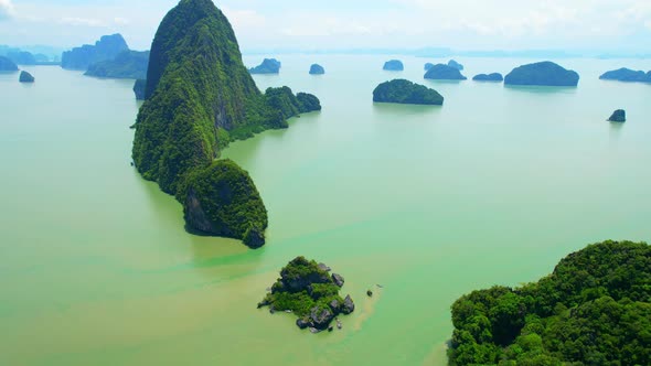 Aerial view from a drone over many islands at Phang Nga Bay