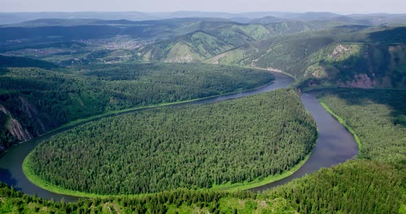 Top View of the Mountains the Green Forest and the River