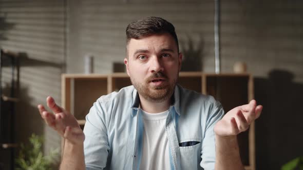 Smiling Young Handsome Caucasian Man Looking at Camera Holding Video Call Conversation Talking