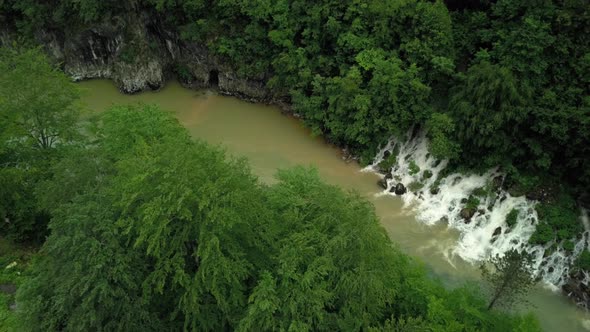 Aerial view of mountain Tara river and small waterfall in Montenegro