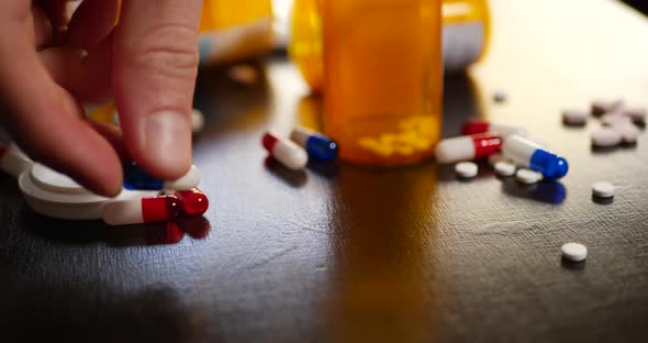 A drug addict grabbing prescription drug pain killers, pills and narcotics to get high SLIDE LEFT.