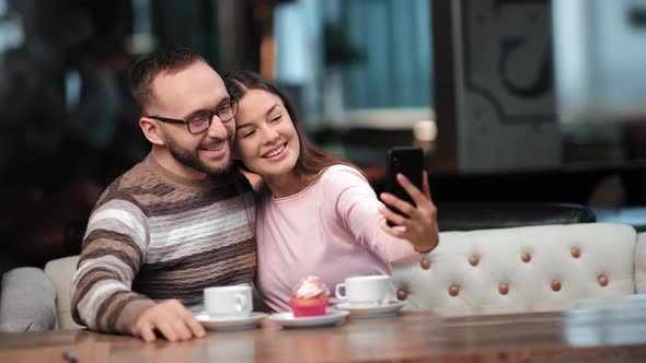 Happy Couple Posing Taking Selfie Together Use Smartphone