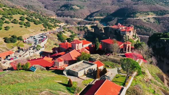 Kalambaka Greece Aerial View of Monastery Varlaam and Breathtaking Pictures of Valley and Landmark