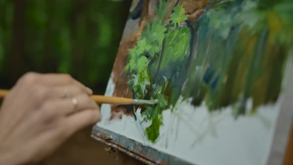 Young Girl's Hand Makes a Few Strokes on the Landscape Drawings in the Forest