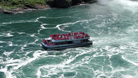 Boat Tours To Niagara Falls - Tourists Ride On Boat At Niagara River In Canada. - wide, slow motion