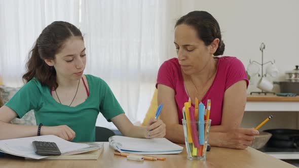 Mother helping her teenage daughter prepare homework