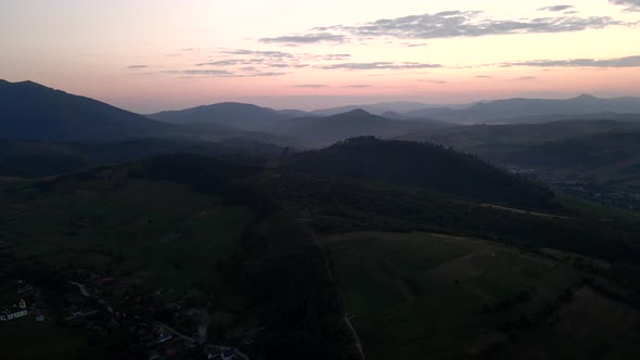 Aerial View of Sunset Above Carpathian Mountains Range