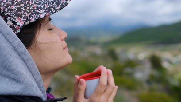 Traveler Girl Picnic at Nature in Cloudy Day