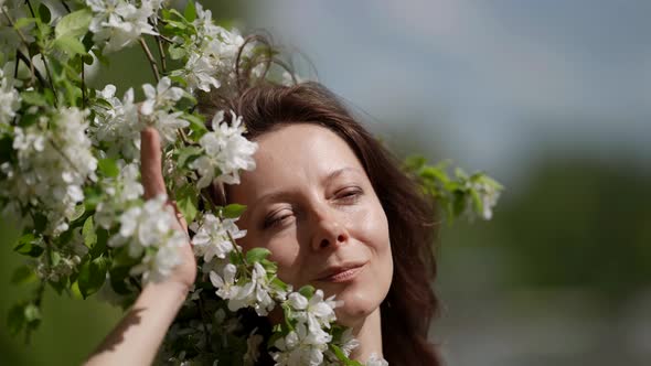 Portrait of a Brunette in the Branches of a Blooming Apple Tree