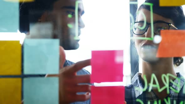 Executives discussing over sticky notes on glass wall