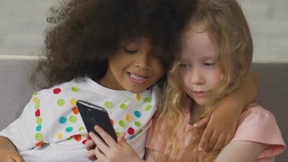 Small Kids Using Phone To Make Selfie, Young Social Media Users, Technology