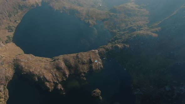 4k aerial drone footage over the first two lagoons (lakes) of Pichgacocha from Ambo, Huanuco, Peru i