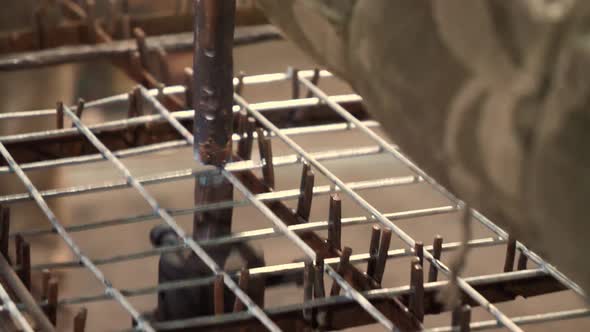 Sparks Flying From Spot Welding On Wire Reinforcement Frame. Slow Motion