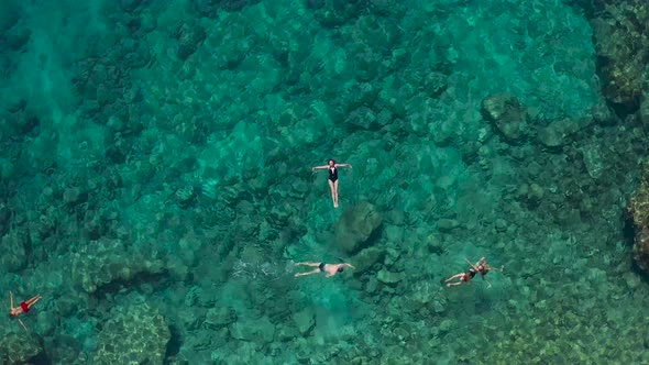 Aerial Top View of Young Woman in Black Bikini Is Swimming in the Turquoise Sea