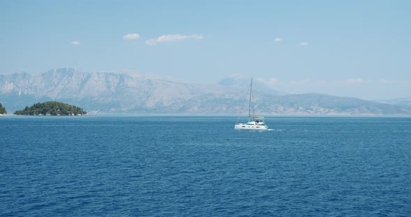 Catamaran Yacht Boat Sailing in Open Ionian Sea