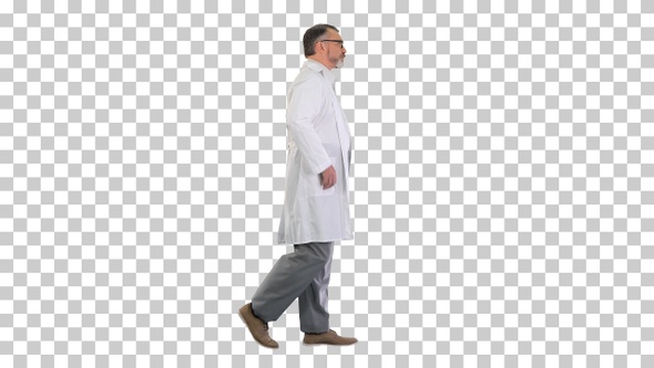 Mature doctor physician walking isolated, Alpha Channel