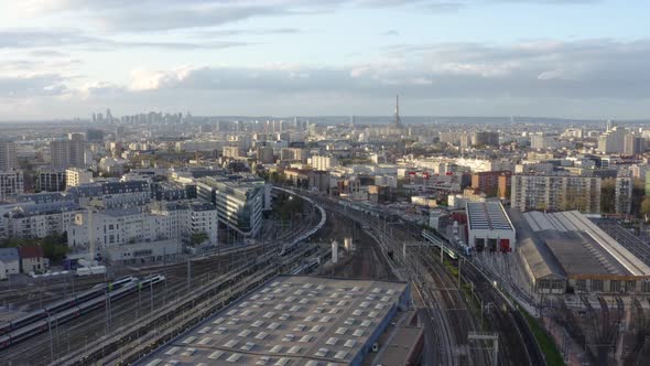 Train Station Aerial Drone. A drone flies over a train station. 