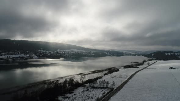 Village of Saint-Point-Lac in Doubs in France seen from the sky