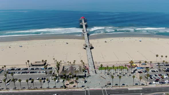 Aerial View of Huntington Pier, Beach and Coastline During Sunny Summer Day