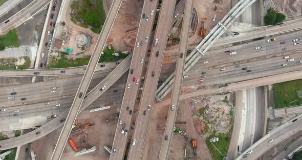 Birds eye view of traffic on 610 and 59 South freeway in Houston, Texas