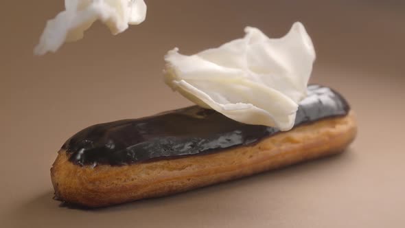 Confectioner Adds White Chocolate Pieces To the Eclair, Making Dessert with White Chocolate, Sweet