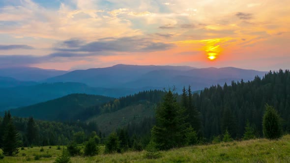 The Mountain Forest on Background of Sunset