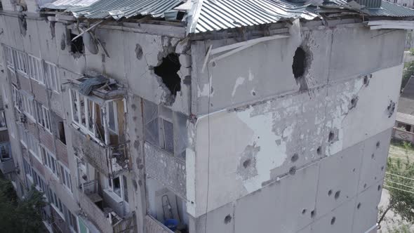 Aerial View of a Destroyed Building in the City of Makariv Ukraine