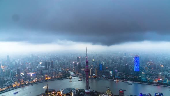 Timelapse of city skyline from day to night in Shanghai china