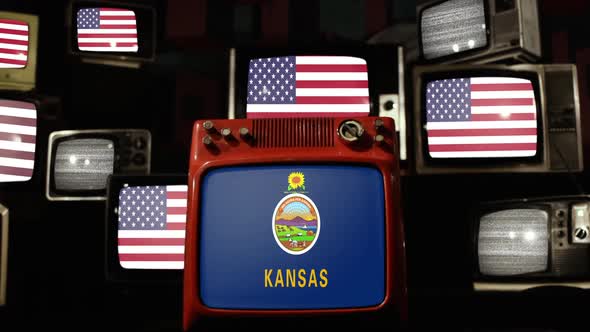 Flag of Kansas and US Flags on Retro TVs.